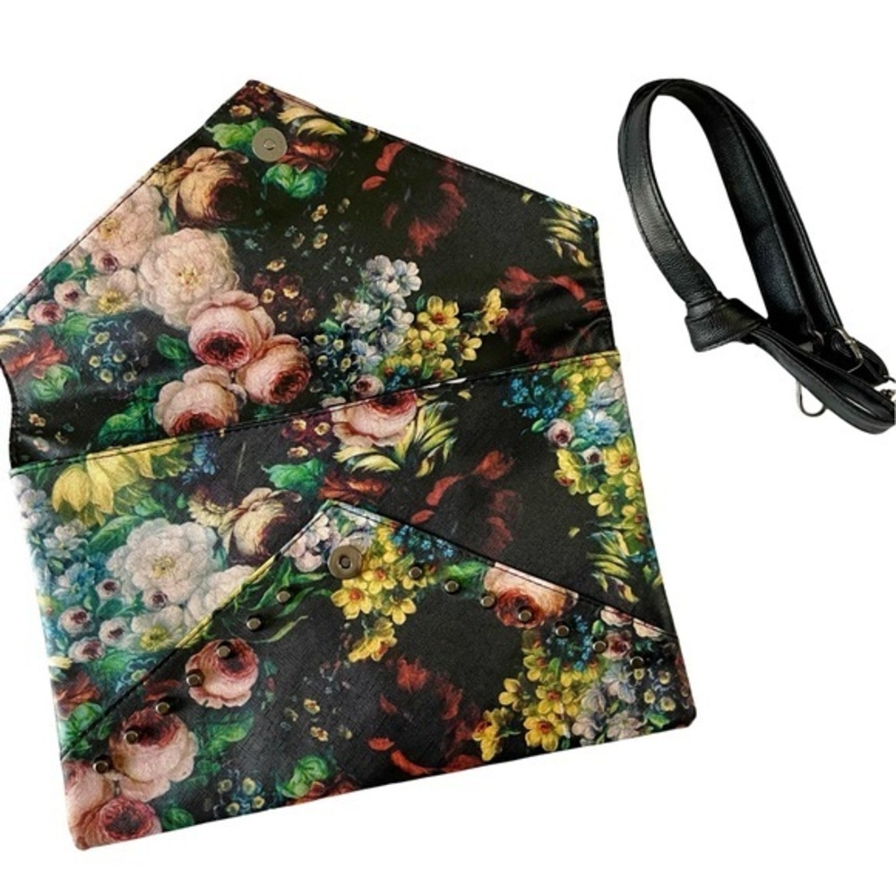 Floral Retro Faux Leather 13 inch Studded Envelope Clutch Detachable Strap